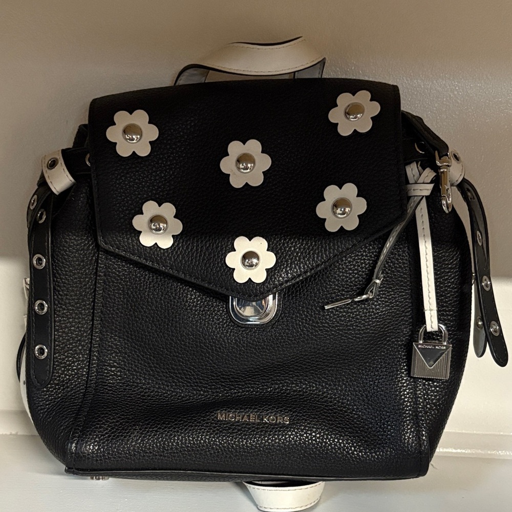 Michael Kors Black Backpack with White Floral Accents